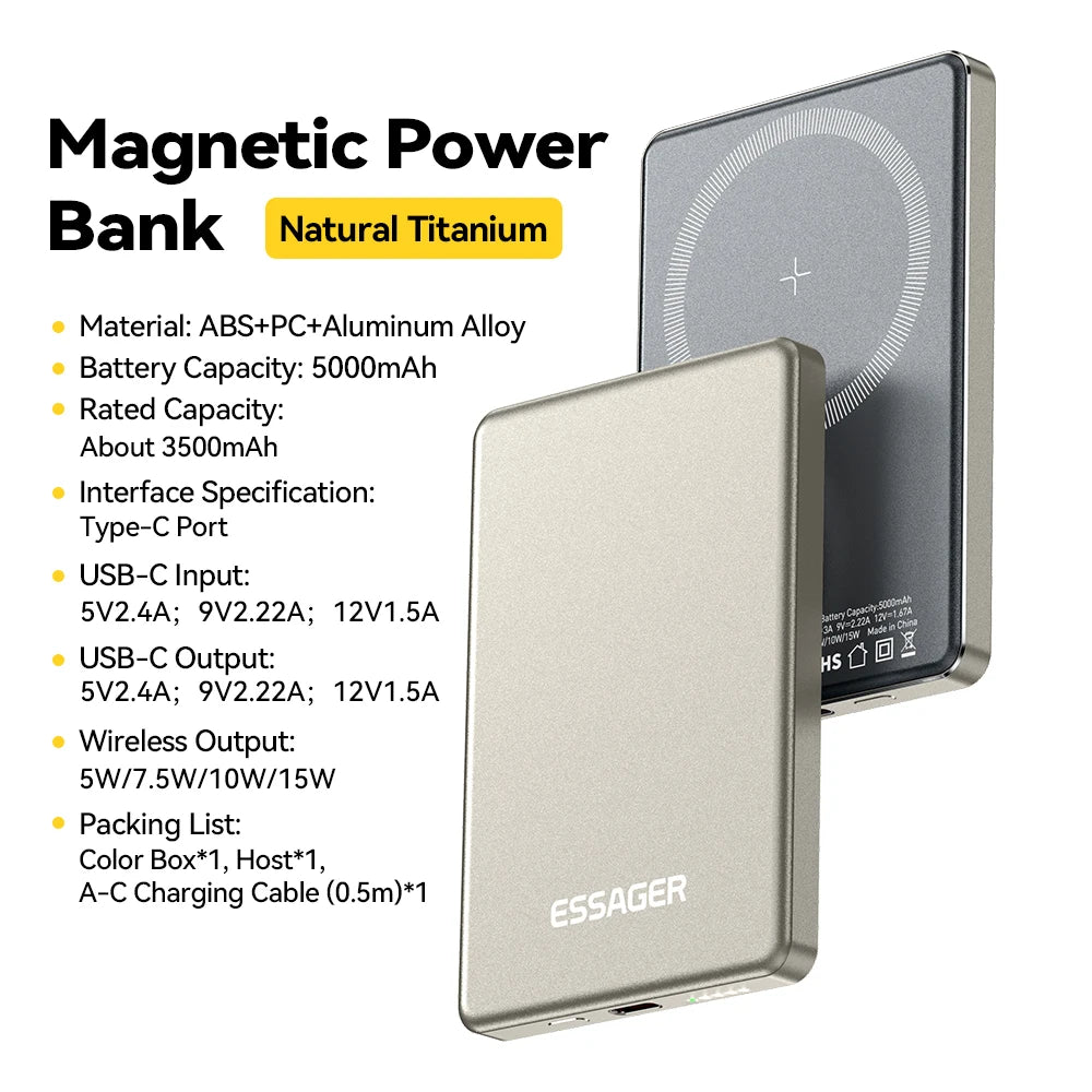 Carregador Power Bank 5000mAhde ( LIDER SHOPP) Essager Thin Power Bank 5000mAh para iPhone 15, 14, 13 Pro Max Power Bank PD 20W Carregador magnético sem fio