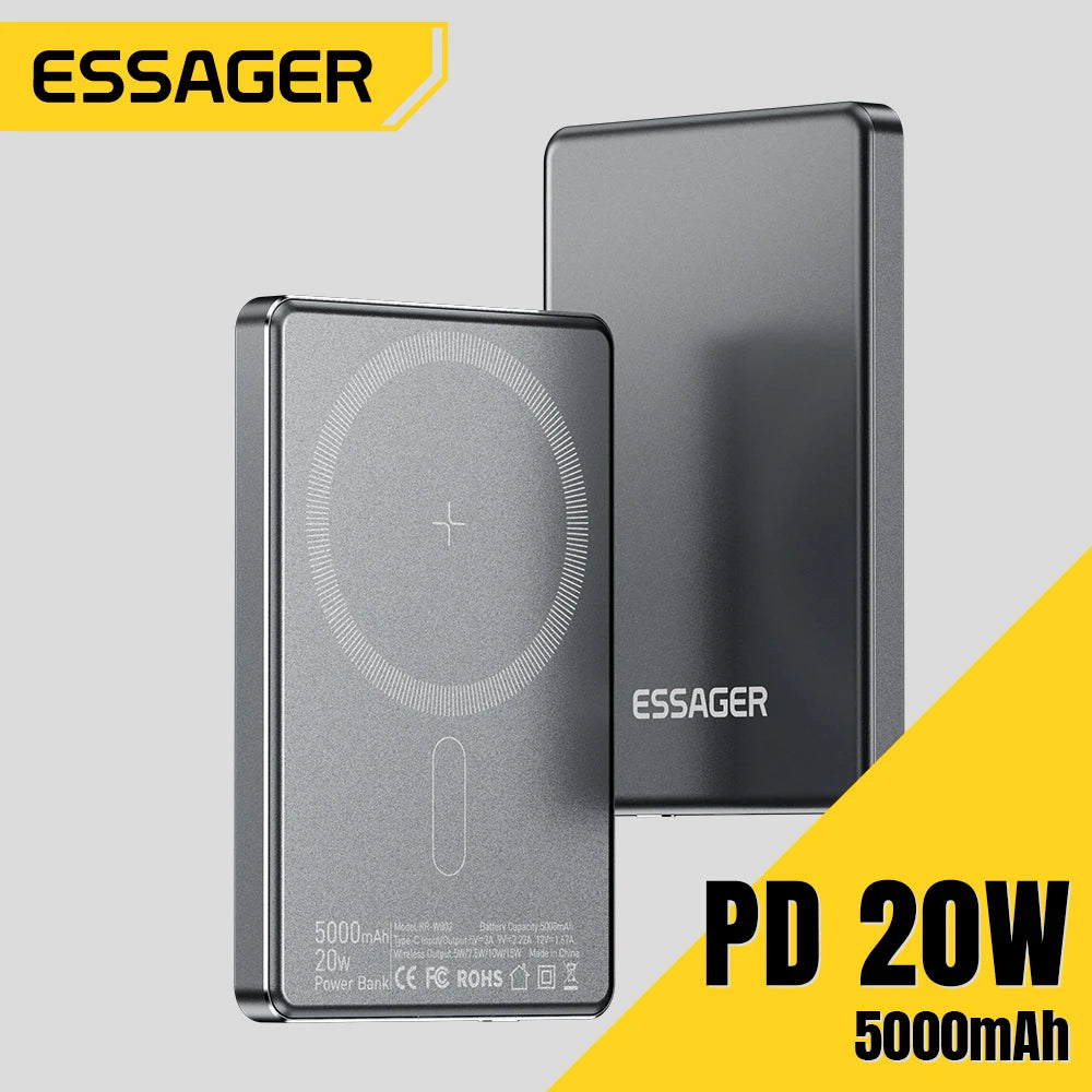Carregador Power Bank 5000mAhde ( LIDER SHOPP) Essager Thin Power Bank 5000mAh para iPhone 15, 14, 13 Pro Max Power Bank PD 20W Carregador magnético sem fio