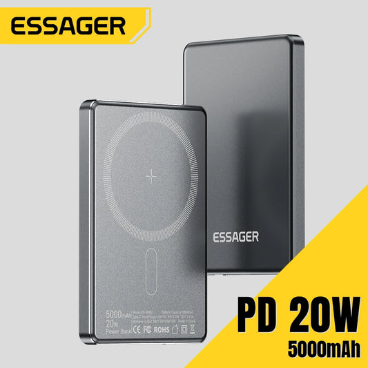 Carregador Power Bank 5000mAhde ( LIDER SHOPP) Essager Thin Power Bank 5000mAh para iPhone 15, 14, 13 Pro Max Power Bank PD 20W Carregador magnético sem fio