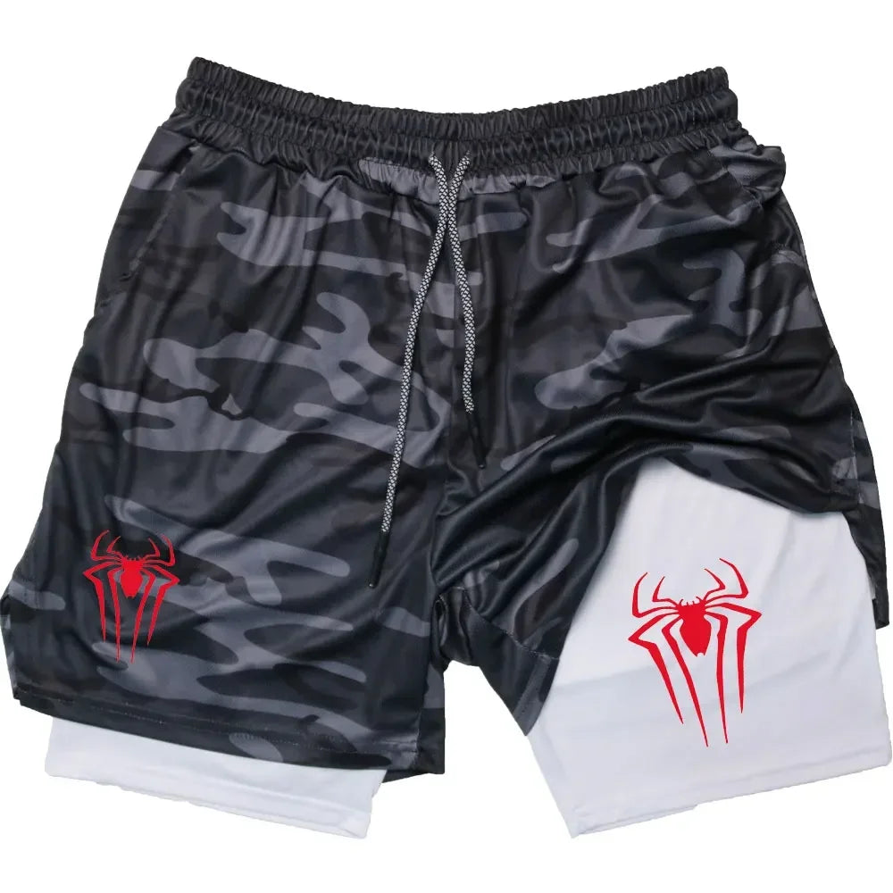 Calções desportivos masculinos, estampa de aranha, casuais, para treino e corrida, 2 em 1, encomenda Y2K enviada diretamente. LIDER-SHOPP