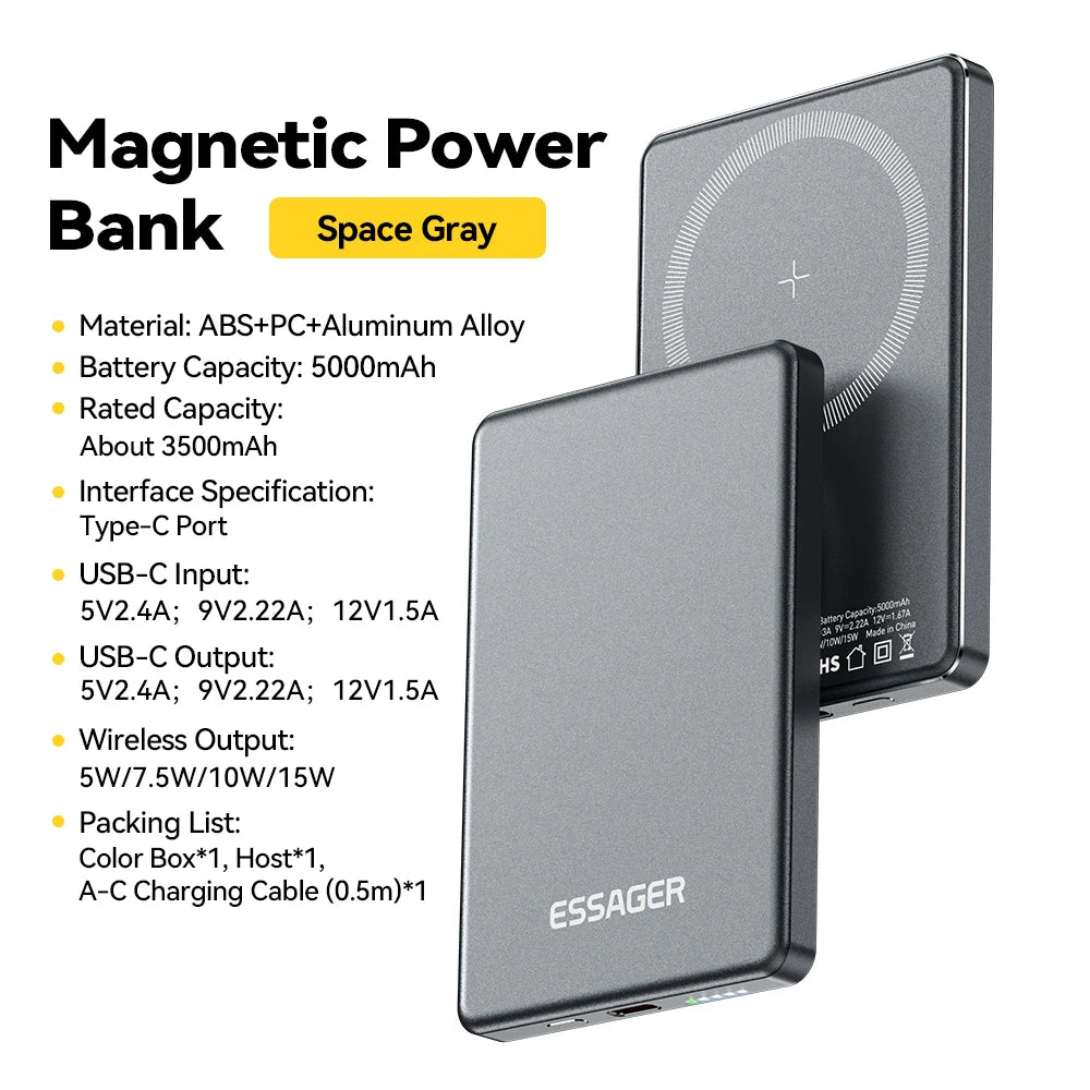 Carregador Power Bank 5000mAhde ( LIDER SHOPP) Essager Thin Power Bank 5000mAh para iPhone 15, 14, 13 Pro Max Power Bank PD 20W Carregador magnético sem fio