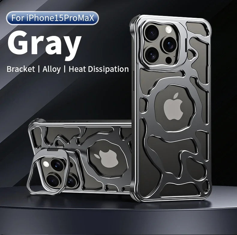 Magnetic Metal Phone Case For iPhone 13 14 15 16 Pro Max Invisible Bracket Aluminum Alloy Removable Heat Dissipation Phone Cover