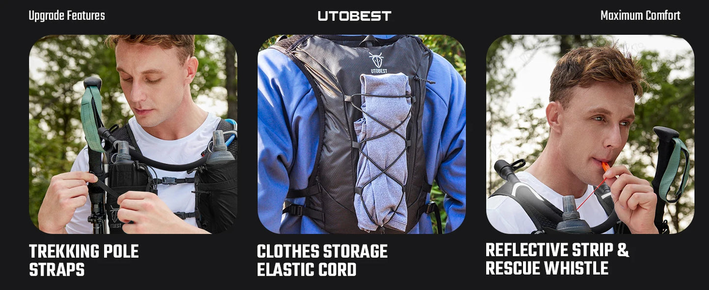 Mochila de corrida UTOBEST 10L Colete de hidratação ultraleve com bolsa de água de 2L