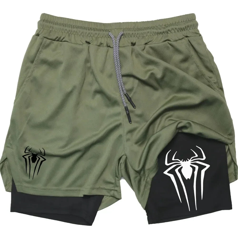 Calções desportivos masculinos, estampa de aranha, casuais, para treino e corrida, 2 em 1, encomenda Y2K enviada diretamente. LIDER-SHOPP