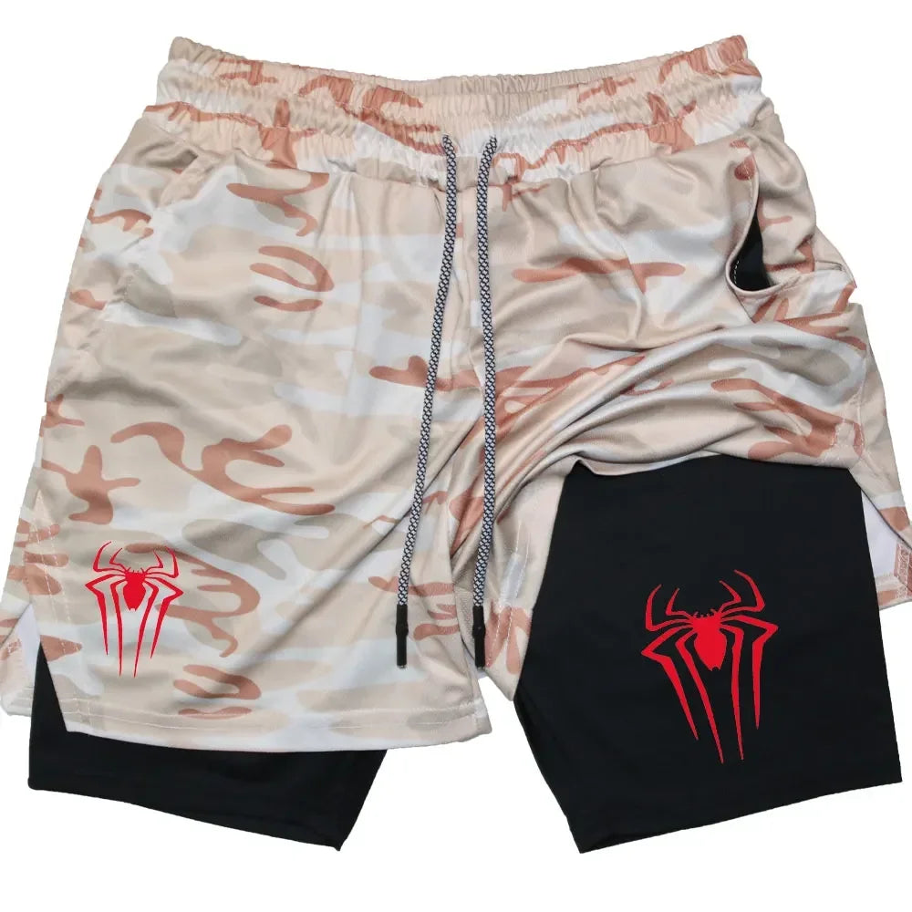 Calções desportivos masculinos, estampa de aranha, casuais, para treino e corrida, 2 em 1, encomenda Y2K enviada diretamente. LIDER-SHOPP