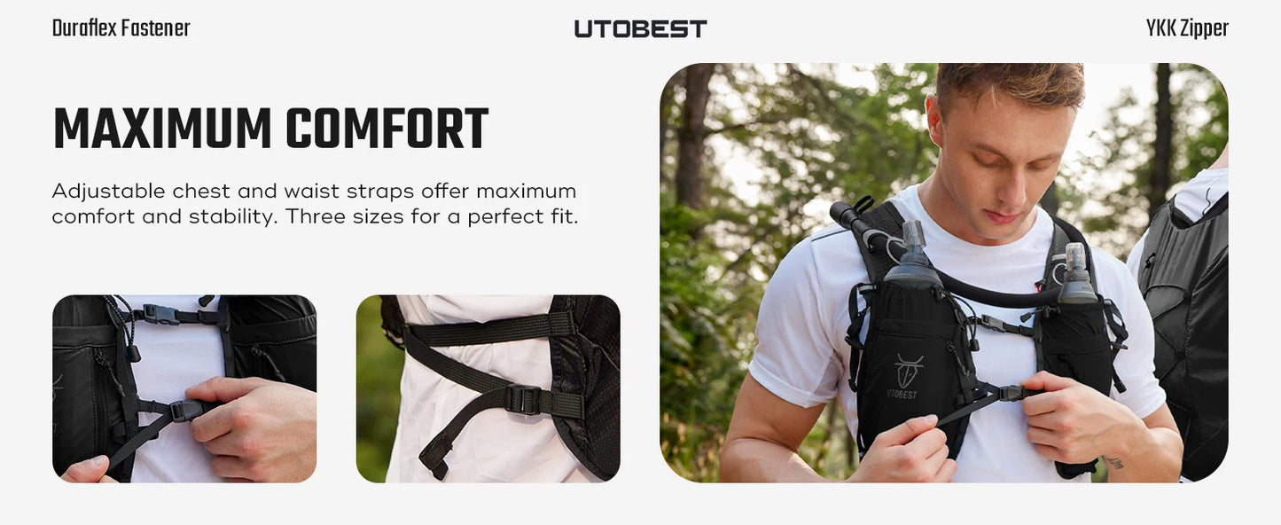 Mochila de corrida UTOBEST 10L Colete de hidratação ultraleve com bolsa de água de 2L