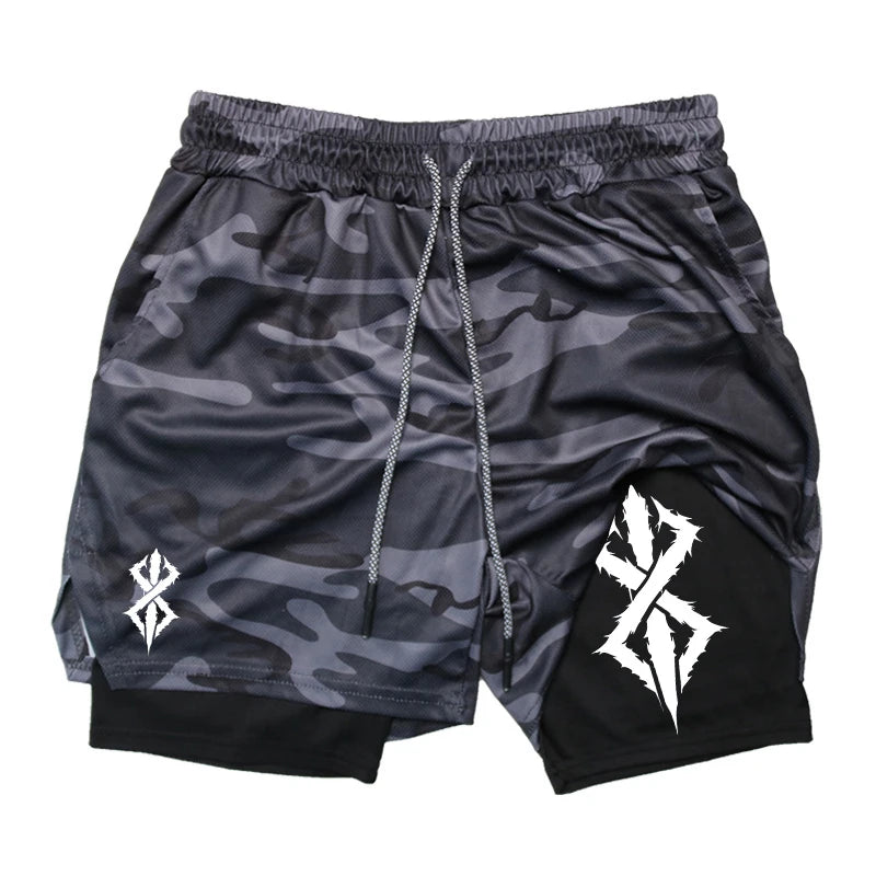 Shorts masculino 2 em 1, esportivo, para academia, treino, corrida, performance, estampado, com bolso para celular, secagem rápida, respirável LIDER-SHOPP