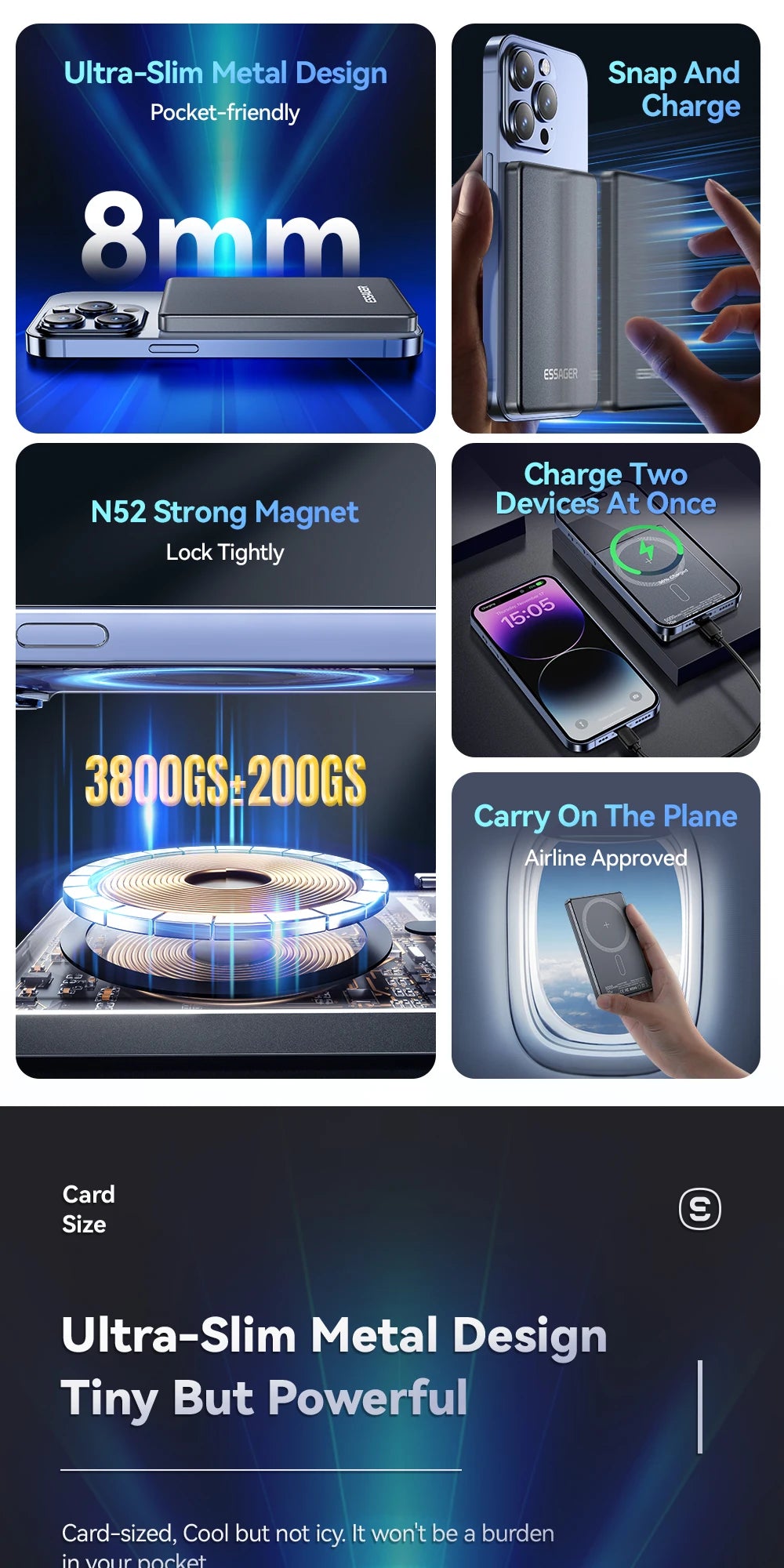 Carregador Power Bank 5000mAhde ( LIDER SHOPP) Essager Thin Power Bank 5000mAh para iPhone 15, 14, 13 Pro Max Power Bank PD 20W Carregador magnético sem fio
