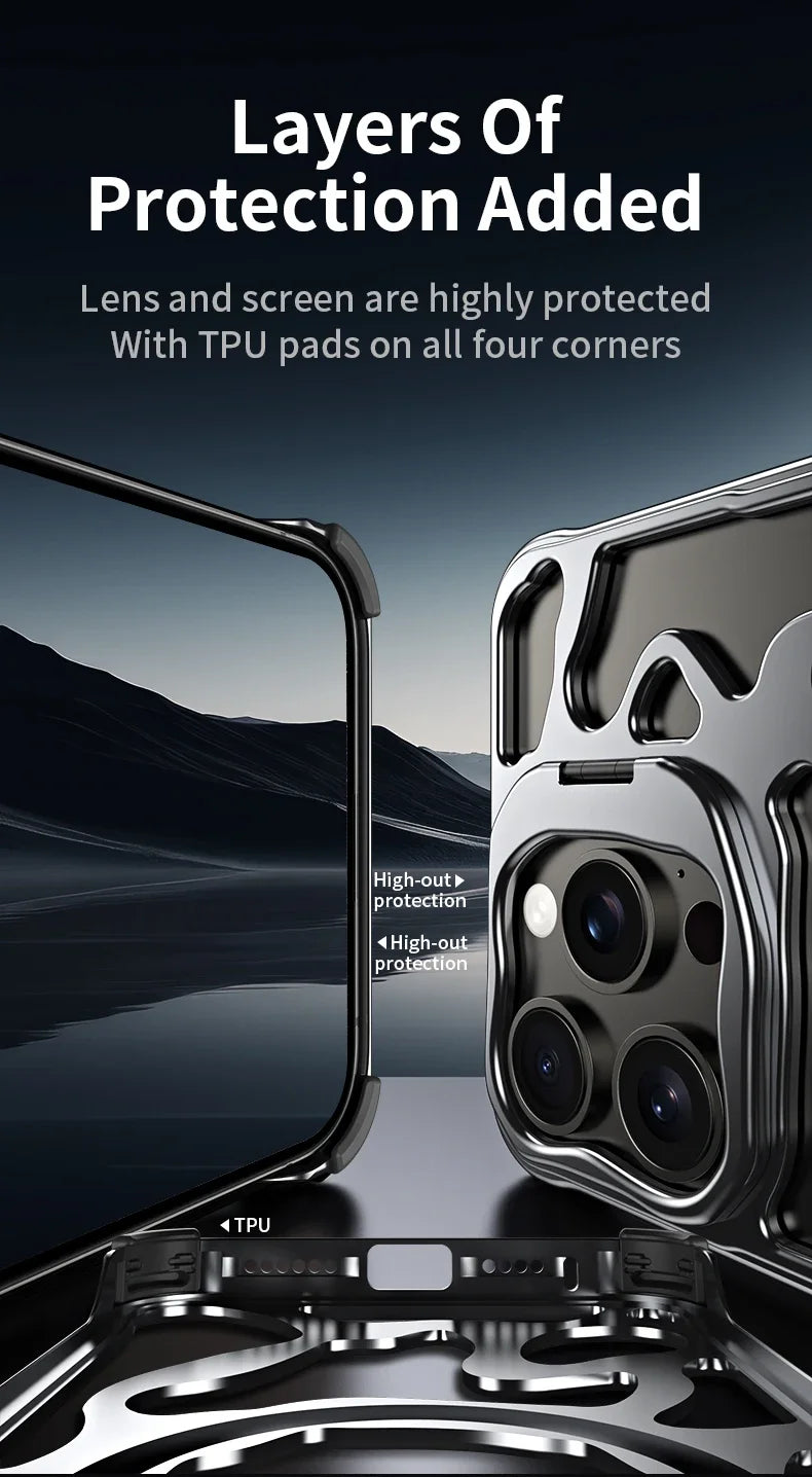 Magnetic Metal Phone Case For iPhone 13 14 15 16 Pro Max Invisible Bracket Aluminum Alloy Removable Heat Dissipation Phone Cover