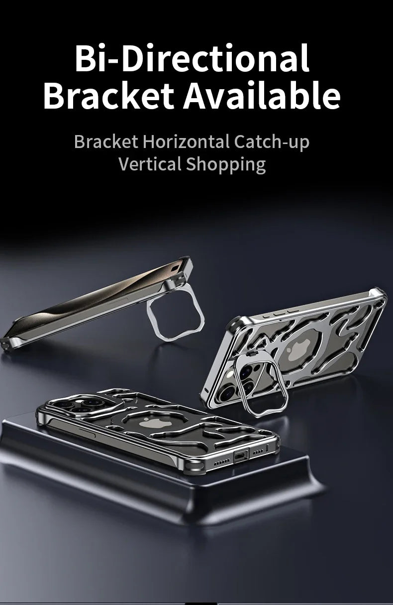 Magnetic Metal Phone Case For iPhone 13 14 15 16 Pro Max Invisible Bracket Aluminum Alloy Removable Heat Dissipation Phone Cover